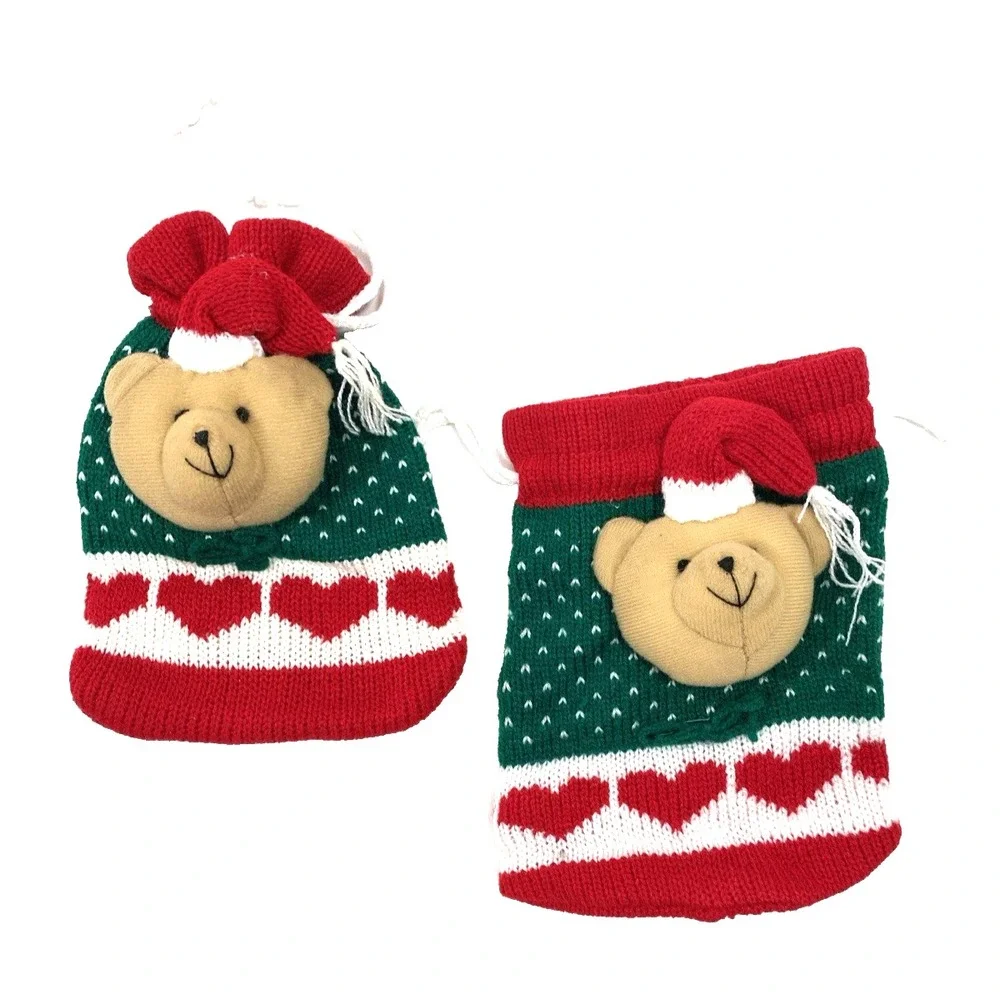 Christmas Knit Gift Bags with Draw String for Gifts or Candy Lot of 2 Bears